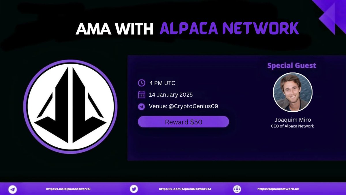 Crypto_Genius09's tweet photo. Join us for the #VoiceAMA with @AlpacaNetworkAI on 14 January at 4 PM UTC.
🎁Reward: $50
🏛️AMA Room: https://t.co/8YY6eY4UEn
Rules:
☑️Follow @AlpacaNetworkAI & @Crypto_Genius09
☑️Like, Retweet & Comment Questions (Max 3) https://t.co/HByAYCby6n