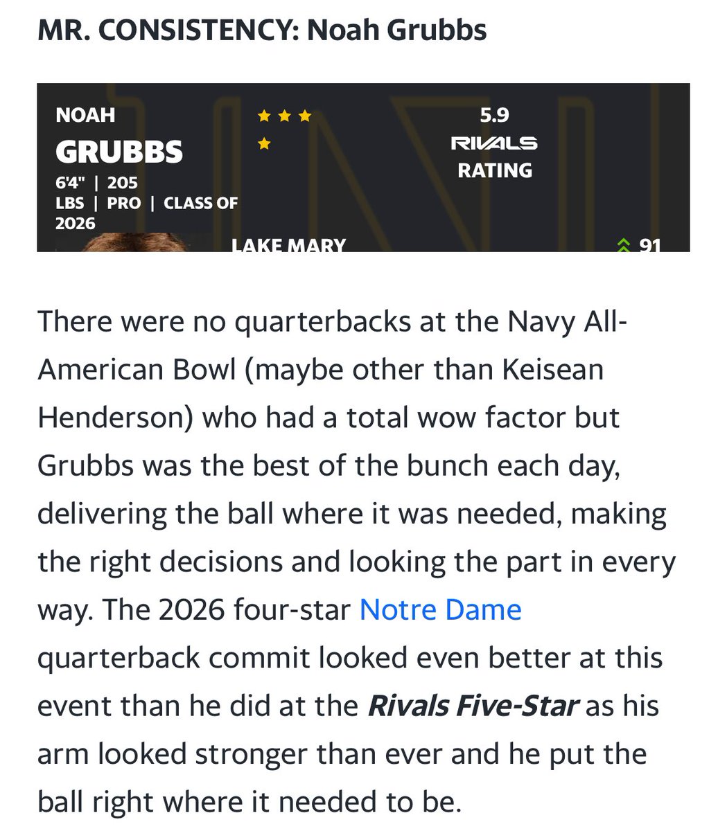 baylintrujillo's tweet photo. According to @Rivals, 4⭐️ 2026 @NDFootball QB Trainee Commit: @NoahGrubbsQB was OVERALL the most CONSISTENT “BEST” QUARTERBACK at the @AABonNBC‼️#BTruQBTraining 🔘 #GoIrish  | @QBReps 

📰: https://t.co/rHHHExnWVA https://t.co/wScsx9QdOh