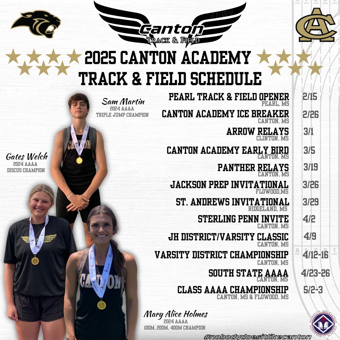 2025 Track &amp; Field Schedule:

12 chances to see the Panthers and Lady Panthers Compete. Including 4 regular season home meets. CA will also host our district meets, South State AAAA, and the Class AAAA Field Events!

#nobodydoesitlikecanton
