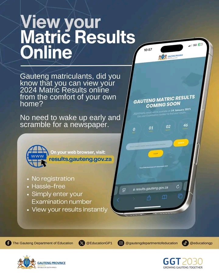 Gauteng Matriculants! No 

 Visit results.gauteng.gov.za &amp; simply enter your Examination Number to view your results instantly when they are released 

#MatricResults2024