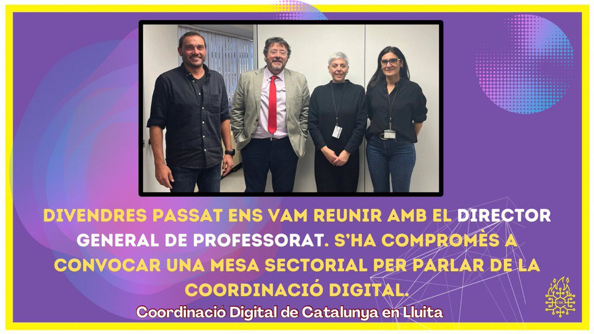 CoordinadorsC's tweet photo. El passat 10 de gener ens vam reunir amb @jmgarciabalda , actual director general de Professorat i Personal de Centres Públics. Vam exposar les nostres reivindicacions i s’ha compromés a convocar 1 mesa sectorial per parlar de la Coordinació Digital als centres educatius. https://t.co/6kxlVlp407