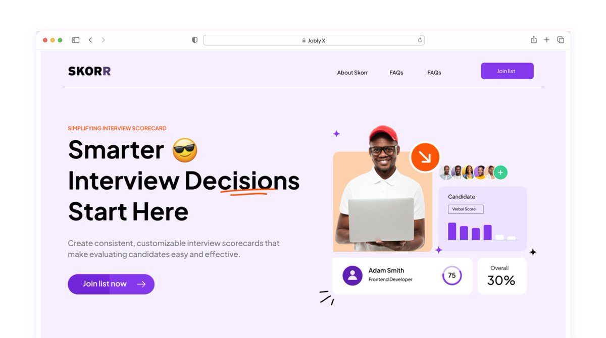 sylvesternachi's tweet image. Just wrapped up a landing page for SKORR, a Canadian startup that simplifies candidate scoring for interviews.
 🚀 Need a website or app that solves user problems and exceeds business goals? Let’s connect! ✨
#UIUXDesign #LandingPage #DesignForStartups #WebDesign #CanadaTech