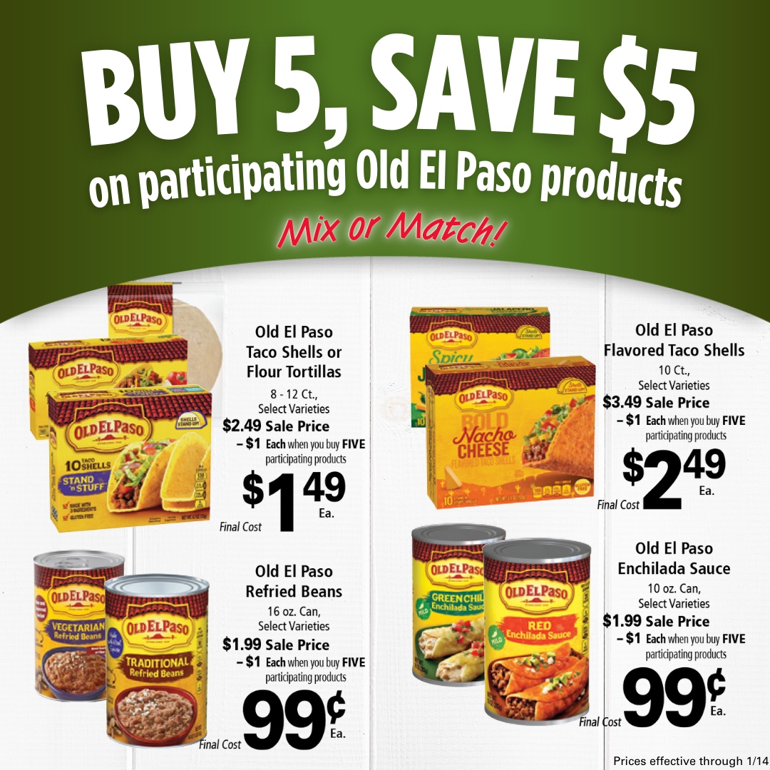 RussMarket's tweet image. 🌟 Bring the flavor fiesta home! 🎉 Buy ANY 5 participating Old El Paso items and SAVE $5 instantly at checkout! 🌮✨

#Buy5Save5 #ElPaso #MexicanFlavors #MexicanCuisine #LocalGrocery #LocalGrocer #LocalGroceryStore #ShopLocal #RealLocal