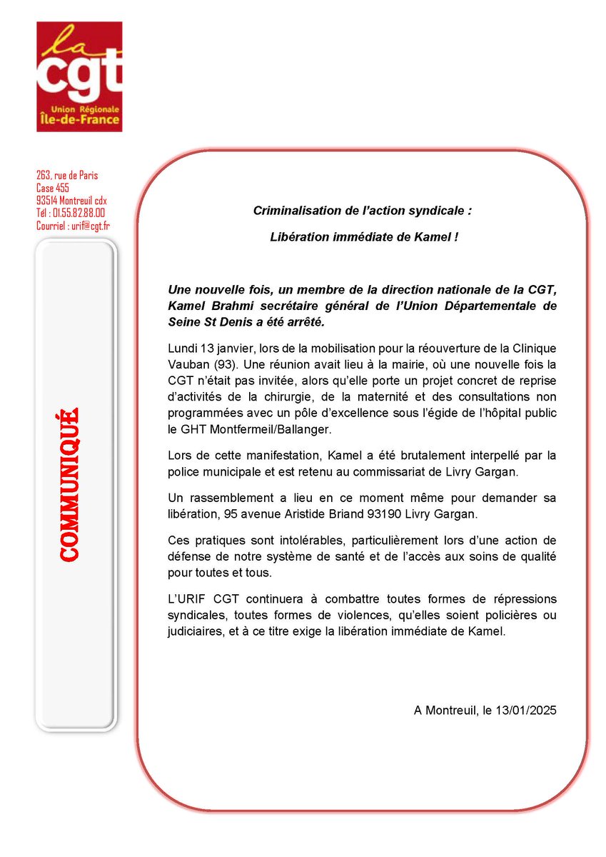 Stop à la criminalisation de l'action syndicale. Toutes et tous devant le commissariat de Livry-Gargan .
#cgt #cgt93 #libertessyndicales