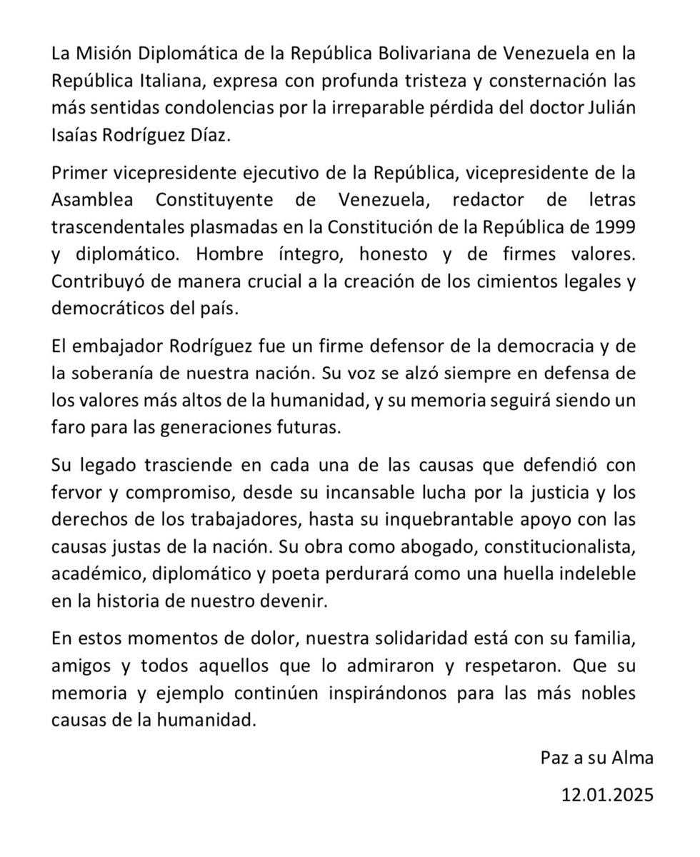 EmbaVEItalia (@embavenitalia) on Twitter photo La Misión Diplomática de #Venezuela en #Italia expresa con profunda tristeza y consternación las más sentidas condolencias por la irreparable pérdida del doctor Julián Isaías Rodríguez Díaz “Hombre íntegro, honesto y de firmes valores”
➡️ shorturl.at/X5Zmi
<a href="/MariaElenaUzzo/">maria elena uzzo</a> La Misión Diplomática de #Venezuela en #Italia expresa con profunda tristeza y consternación las más sentidas condolencias por la irreparable pérdida del doctor Julián Isaías Rodríguez Díaz “Hombre íntegro, honesto y de firmes valores”
➡️ shorturl.at/X5Zmi
<a href="/MariaElenaUzzo/">maria elena uzzo</a>