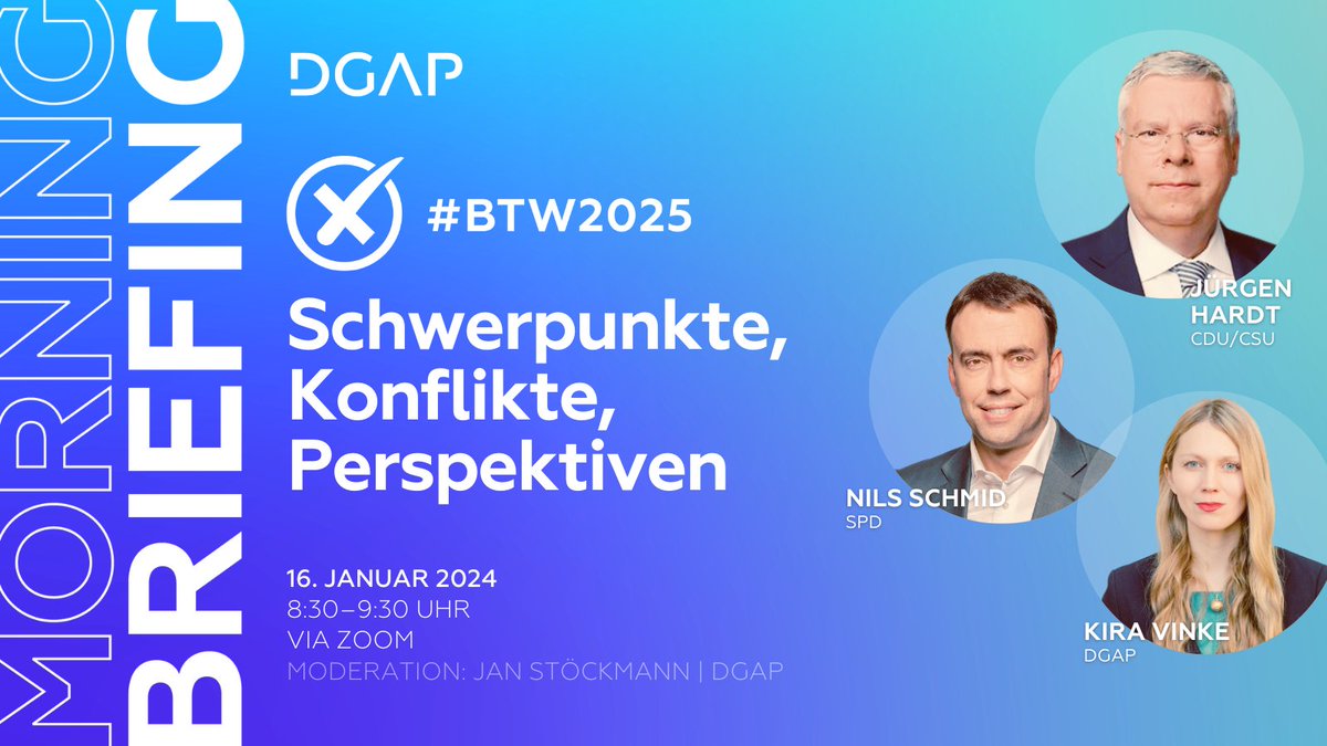 Anlässlich der vorgezogenen Bundestagswahl laden wir am Donnerstag zu einer 🇩🇪 Sonderausgabe des #MorningBriefing ein! Mit den MdBs <a href="/NilsSchmid/">Nils Schmid</a> <a href="/spdbt/">SPD-Fraktion im Bundestag</a> &amp; <a href="/juergenhardt/">Jürgen Hardt MdB</a> <a href="/cducsubt/">CDU·CSU</a> diskutiert <a href="/KiraVinke/">Kira Vinke</a> Schwerpunkte, Konflikte &amp; Perspektiven vor der #BTW2025.

buff.ly/3DTzvZK