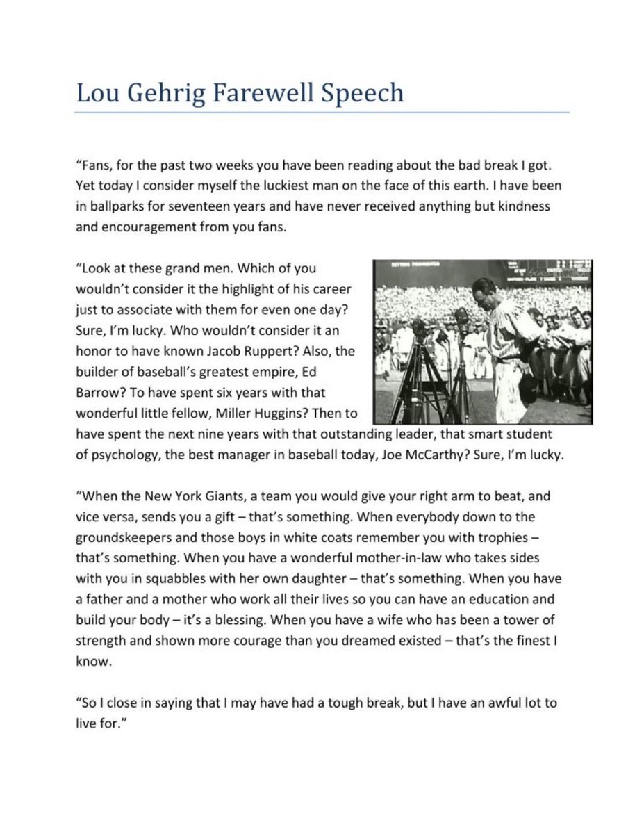 BaseballHistoryNut (@nut_history) on Twitter photo Here’s what Lou Gehrig’s full speech looked like.  This was fully improvised, he didn’t even want to talk.  Sadly passed away two short years later. Here’s what Lou Gehrig’s full speech looked like.  This was fully improvised, he didn’t even want to talk.  Sadly passed away two short years later.