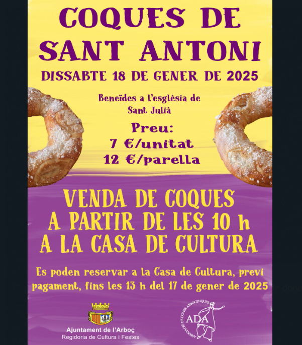 👉Benedicció i venda de coques de Sant Antoni el proper dissabte 18 de gener a la Casa de Cultura.

👉Es recomana fer reserva a la Casa de Cultura fins divendres 17 de gener a les 13h. Cal fer el pagament en el moment de la reserva.

arbocenc.cat/noticia/ca/764…

#AjuntamentlArboç