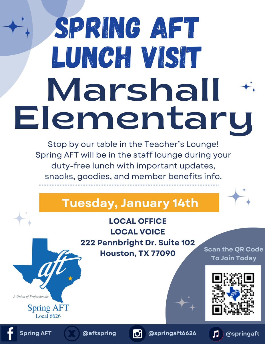 AftSpring's tweet image. Excited to visit the staff at Marshall Elementary tomorrow! 🎉 We’ll be sharing all the perks of Spring AFT membership and diving into Texas AFT’s Educator Bill of Rights! Together, we’re building a stronger future for our schools and students! #UnionStrong #SpringAFT #TexasAFT