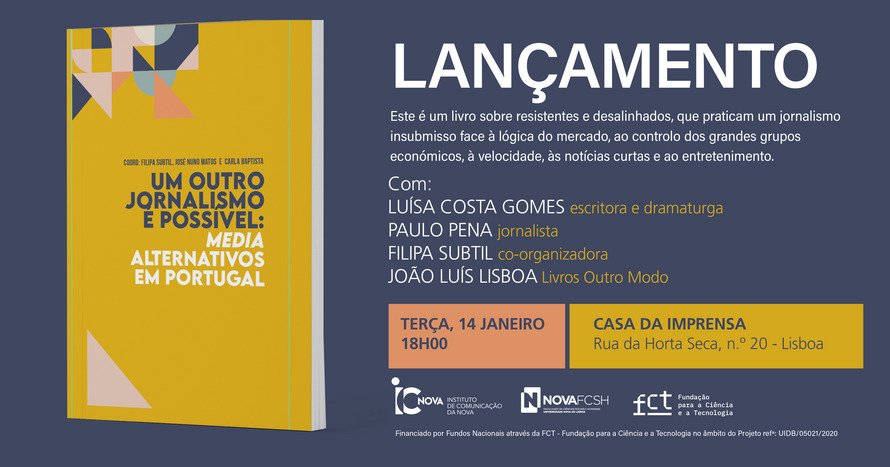 📅 📣 LANÇAMENTO 

É já esta terça-feira dia 14, às 18h na Casa da Imprensa em Lisboa, o lançamento do livro "Um Outro Jornalismo É Possível - Media Alternativos em Portugal", com:
Luísa Costa Gomes
Paulo Pena 
Filipa Subtil 
João Luís Lisboa

+ info em: 
pt.mondediplo.com/2025/01/um-out…