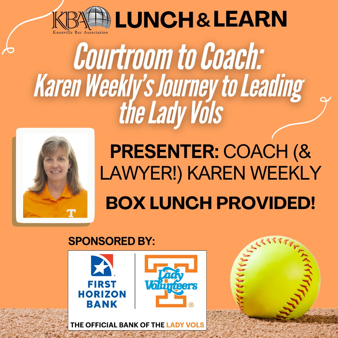 🌟 Don't Miss This! 🌟

Join the Knoxville Bar Association and First Horizon Bank for an inspiring conversation with Karen Weekly, head coach of the University of Tennessee Lady Vols Softball team—and a former lawyer! ⚾👩‍⚖️

👉 Reserve your spot here: loom.ly/dPWaKCE