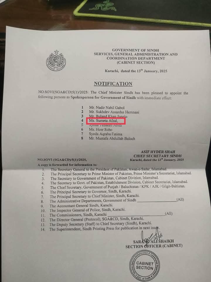 JamshedKho77730's tweet image. Huge congratulations to 
@SumetaSyed Spokesperson of Gov &amp;amp; PPP Digital Head Karachi on her well-deserved appointment as the Spokesperson for the Government of Sindh!
#SindhGovernment #spokesperson