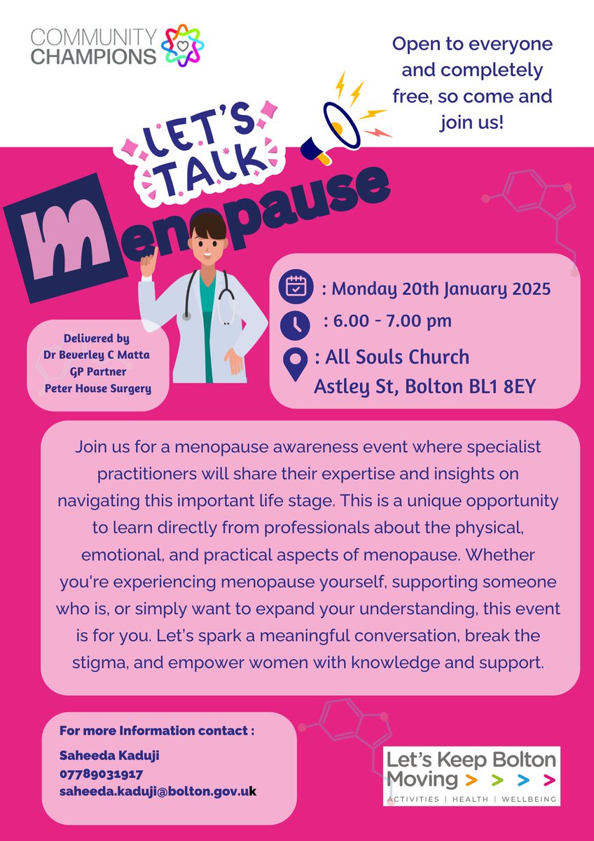 Let’s Keep Bolton Moving (@keepboltonmovin) on Twitter photo 🌟 Let’s Talk Menopause! 🌟
Join us for a free menopause awareness event:
🗓️ 20th Jan 2025
⏰ 6–7 PM
📍 All Souls Church, Bolton
Break the stigma, gain knowledge, & spark conversations!
More info: 📧 saheeda.kaduji@bolton.gov.uk
#MenopauseAwareness #LetsKeepBoltonMoving 🌟 Let’s Talk Menopause! 🌟
Join us for a free menopause awareness event:
🗓️ 20th Jan 2025
⏰ 6–7 PM
📍 All Souls Church, Bolton
Break the stigma, gain knowledge, & spark conversations!
More info: 📧 saheeda.kaduji@bolton.gov.uk
#MenopauseAwareness #LetsKeepBoltonMoving
