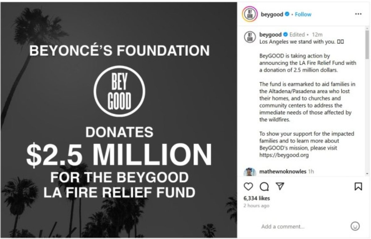 LiveupdatesUS's tweet image. NEW: Beyoncé's BeyGood Foundation donates $2.5M to support L.A. fire relief efforts. 🔥💛 #BeyGood #CommunitySupport #LAWILDFIRES
