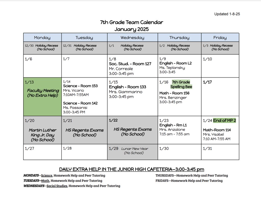 Revised Middle School  Mid-term  schedule