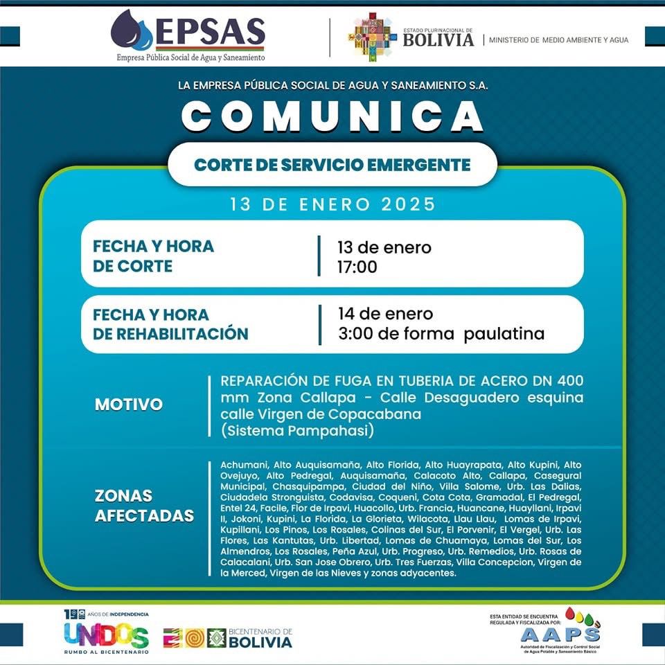 Urgentebo's tweet image. #Urgentebo  | 🔴 Epsas anuncia “corte de servicios emergente” para este 13 de enero a partir de las 17.00. Este corte afectará al Sistema Pampahasi de la ciudad de La Paz. La rehabilitación será el 14 de enero a las 15.00 de “forma paulatina”.
#LaPaz #EPSAS #Pampahasi