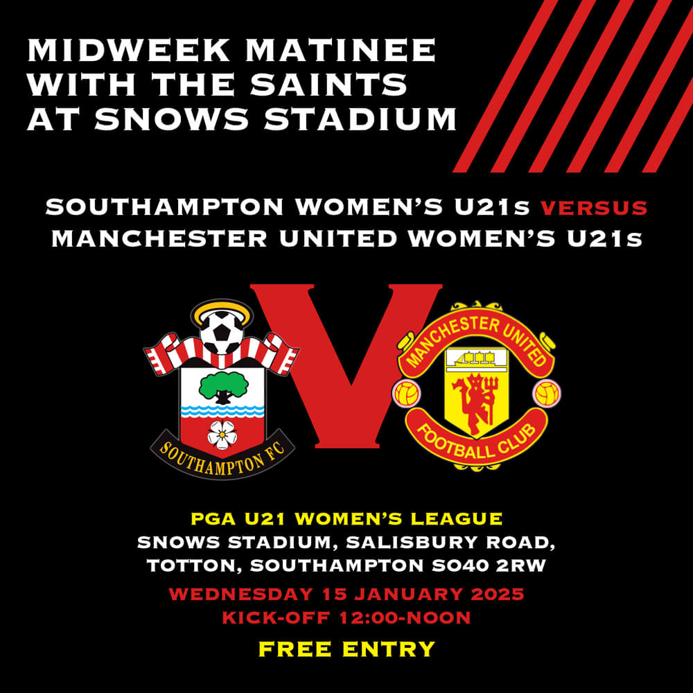AFCTotton's tweet image. SAINTS WOMEN U21s in Midweek Matinee at the Snows Stadium

🇵🇪😇🇵🇪 @SaintsFCWomen U21s
🆚 @ManUtdWomen U21s 👹
🏆 PGA U21s Women's League
🏟 @SnowsGroup Stadium, Totton SO40 2RW
📅 Wed 15 Jan 2025
⏰ Kick-Off 12:00-noon

🎟 FREE Entry

#gomarchingin
#inthatnumber
#SaintsFCWomen