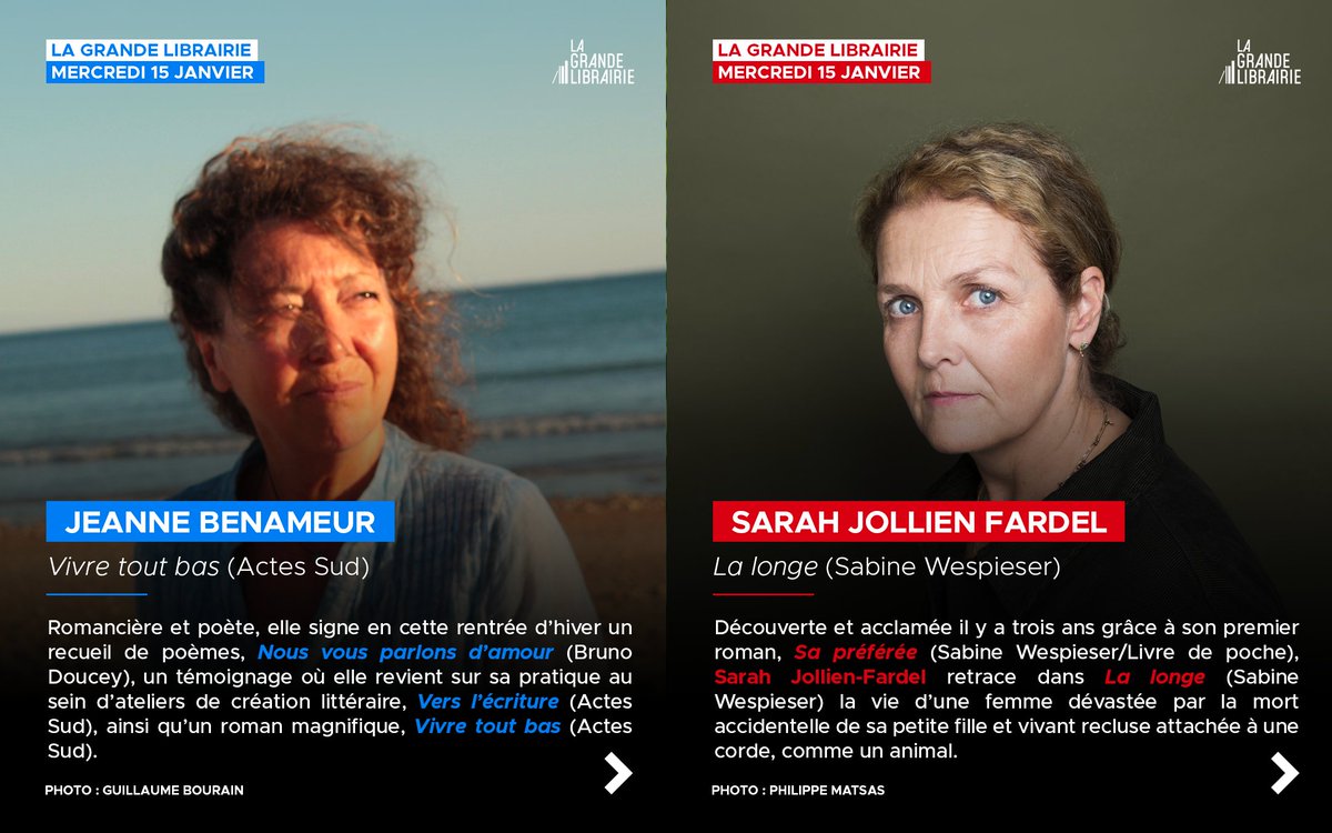 GrandeLibrairie's tweet photo. 👉Cette semaine, La Grande Librairie fait le pari de la vie avec cinq écrivains qui nous apportent un peu de lumière !
📚@ATrapenard reçoit Pascal Quignard, Philippe Forest, Jeanne Benameur, Sarah Jollien-Fardel et Laurence Tardieu.
📺Rdv mercredi 15 janvier à 21h05 sur France 5. https://t.co/54UUb08a5K
