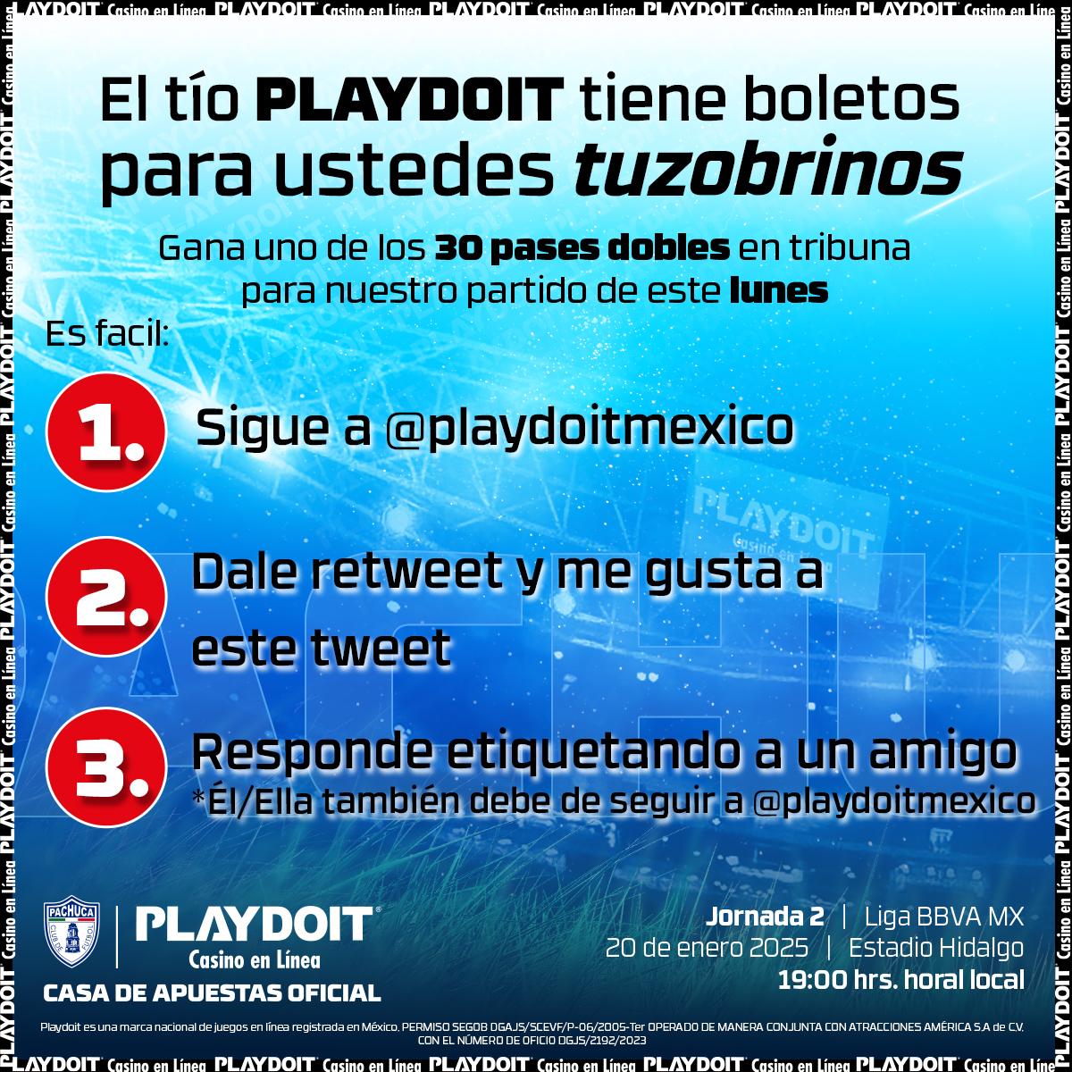 Tuzos's tweet photo. ‼️ | ¡La suerte está con los Tuzos!

Gana uno de los 30 pases dobles en tribuna que el tío @playdoitmexico trae para ti y acompáñanos en nuestro partido de este próximo lunes. 🏟️

Checa bien los pasos. 👀

Tienes hasta el viernes a las 12:00 hrs para participar.

#PlayDoItEsTuzo 
#PachucaSomosTodos🤍💙