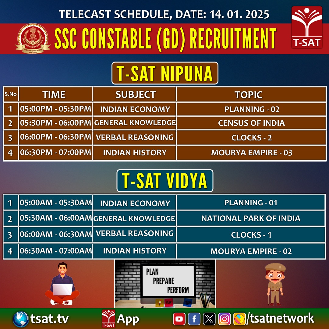 TSATnetwork's tweet photo. Telecast schedule for the SSC Constable (GD) Recruitment | January 14, 2025

#SSCConstable #Recruitment #ExamPreparation #TSAT #Education #CareerGoals #TelecastSchedule #GeneralKnowledge #Reasoning #QuantitativeAptitude https://t.co/pGIw7MTLJj