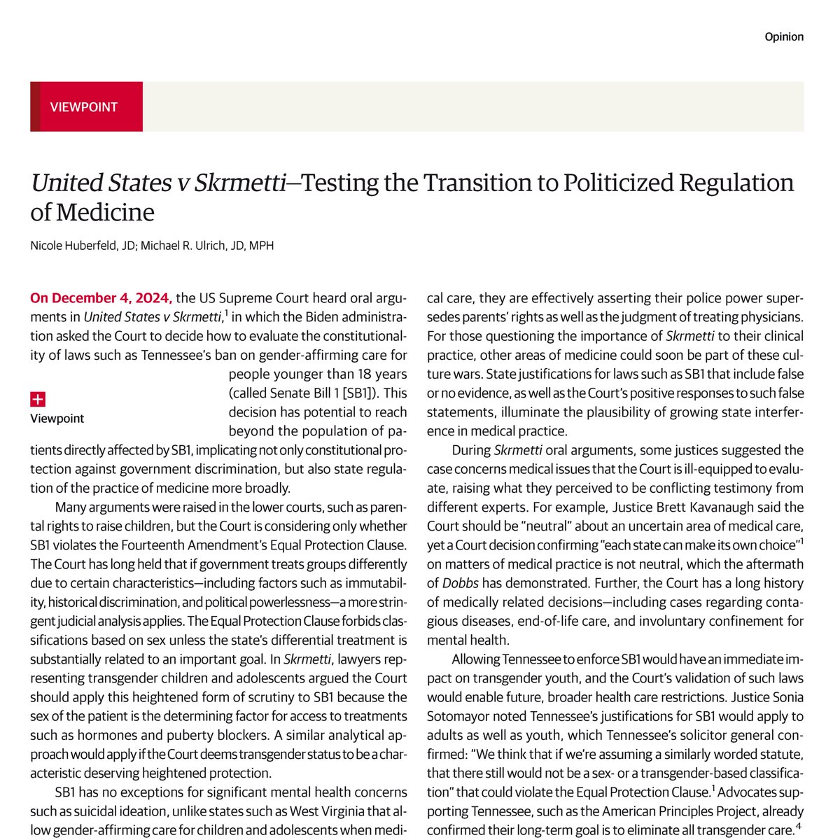 JAMA (@jama_current) on Twitter photo Viewpoint: Nicole Huberfeld and <a href="/MichaelRUlrich/">Michael R. Ulrich</a> discuss the US Supreme Court's decision in United States v Skrmetti, which will determine if Tennessee’s ban on gender-affirming care for minors violates the Equal Protection Clause.
ja.ma/3BQSWC0 Viewpoint: Nicole Huberfeld and <a href="/MichaelRUlrich/">Michael R. Ulrich</a> discuss the US Supreme Court's decision in United States v Skrmetti, which will determine if Tennessee’s ban on gender-affirming care for minors violates the Equal Protection Clause.
ja.ma/3BQSWC0