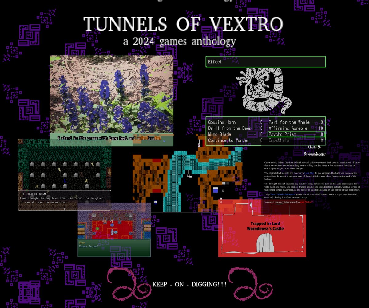 A terrifying noise echoes forth from the earth. And with it, a set of stories... Vextro's latest video game anthology, Tunnels of Vextro, is now public!
Like our first, Gardens of Vextro, each game is inspired by those before it. Please try them out!
itch.io/c/5260212/tunn…