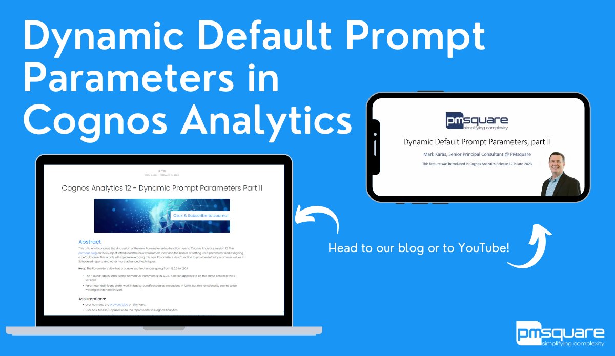 PMsquare's tweet image. #PM2Tips Enhance your #CognosAnalytics skills! 🧐 Discover how dynamic prompt parameters can elevate your reports to the next level.
📖 Read: pmsquare.com/resource/blogs…
🎥 Watch: youtube.com/watch?v=hTt1cZ…
Master dynamic prompt parameters in your favorite format today! 💡📊
