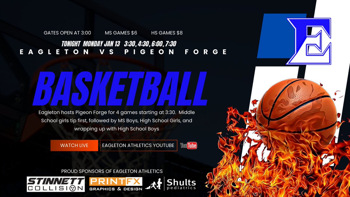 Scott West (@coachw25) on Twitter photo Eagleton games with Pigeon Forge are on tonight. Middle School tips at 3:30 with MS girls HS games tip at 6 and 730 <a href="/TSSAA/">TSSAA</a> <a href="/TDT_Sports/">Daily Times Sports</a> <a href="/eccaathletics/">ECCA_Athletics</a> <a href="/ECCARoyals/">Eagleton College & Career Academy</a> <a href="/5StarPreps/">5Star Preps</a> Eagleton games with Pigeon Forge are on tonight. Middle School tips at 3:30 with MS girls HS games tip at 6 and 730 <a href="/TSSAA/">TSSAA</a> <a href="/TDT_Sports/">Daily Times Sports</a> <a href="/eccaathletics/">ECCA_Athletics</a> <a href="/ECCARoyals/">Eagleton College & Career Academy</a> <a href="/5StarPreps/">5Star Preps</a>