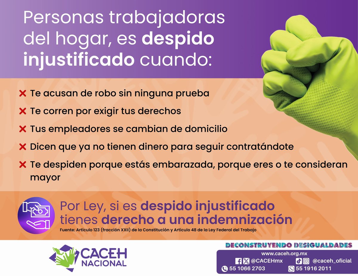 Ojo 👀

Es despido injustificado cuando despiden a la persona trabajadora del hogar porque está embarazada o la consideran mayor

<a href="/MarceBautistaB/">Marcelina Bautista Bautista</a>
<a href="/Mama_Godin/">Mamá Godín®</a>
<a href="/AlvaroVelarca/">🇲🇽 Alvaro Velarca 🏳️‍🌈</a>
<a href="/maiteazuela/">Maite Azuela</a>
#PersonaEmpleadora
#TrabajoDigno 
#ElTiempoEsAhora
#RespetaSusDerechos