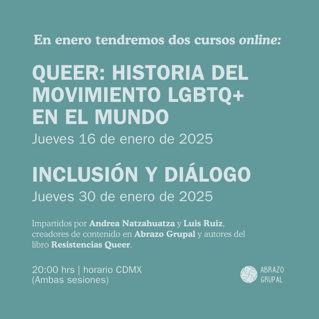 Inicia el 2025 aprendiendo sobre diversidad, inclusión, derechos e igualdad 🏳️‍🌈  ¡Abrimos oferta de dos cursos online en Abrazo Grupal! Si te interesa manda DM y ahí nos ponemos de acuerdo ❤️