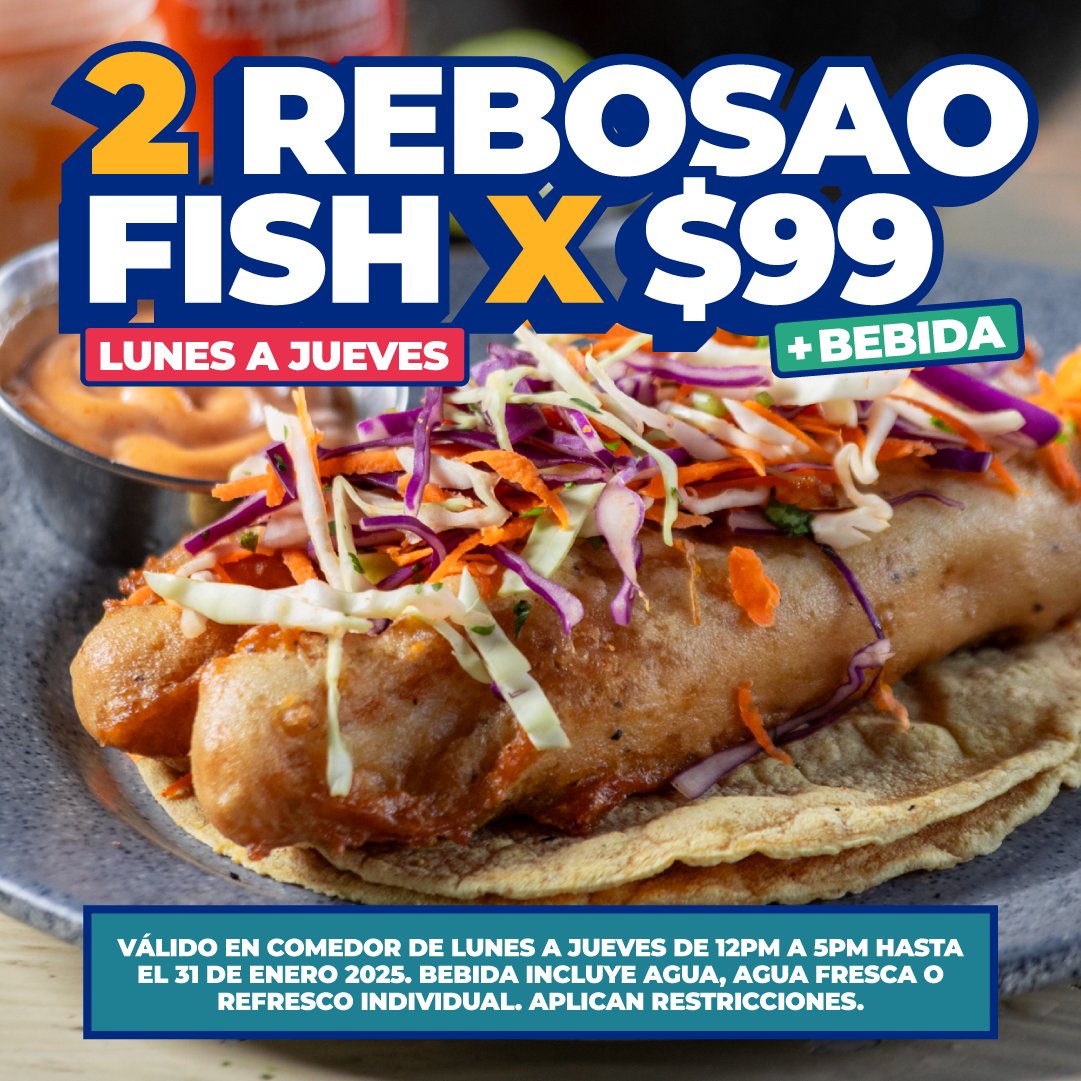 elchamalero's tweet photo. ¡2 ReboSao Fish + bebida por solo $99! 🌮🍹
⏰ Lunes a Jueves | 12 PM - 5 PM
📅 Hasta el 31 de enero 2025. ¡No te lo pierdas! https://t.co/L9BfJw6FnI