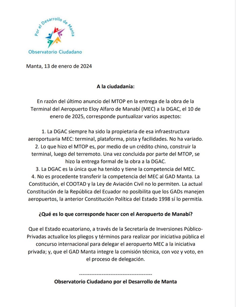 A la ciudadanía: Sobre el Aeropuerto de Manabí.

C.C: <a href="/DanielNoboaOk/">Daniel Noboa Azin</a> <a href="/LuisaGonzalezEc/">Luisa González</a> <a href="/henrycucalon/">Henry Cucalon</a> <a href="/rabascallcarlos/">Carlos Rabascall</a> <a href="/HenryKronfle/">Henry Kronfle K.</a> <a href="/PedritoExtranja/">Pedro Granja</a> <a href="/ftabacchir/">Francesco Tabacchi</a> <a href="/JuanIvanCuevaEc/">Juan Ivan Cueva</a> <a href="/LuchoTilleria/">Luis Felipe Tilleria</a> <a href="/EscalaJorge/">Jorge Escala</a> <a href="/LeonidasIzaEc/">Leonidas Iza Salazar</a> <a href="/jimmyjairala/">Jimmy Jairala</a> <a href="/VctorAraus1/">Víctor Araus</a> <a href="/ivansaquicela/">Iván Saquicela Rodas :.</a> <a href="/AndreGonzalezNa/">AndreaGonzalezNader</a>