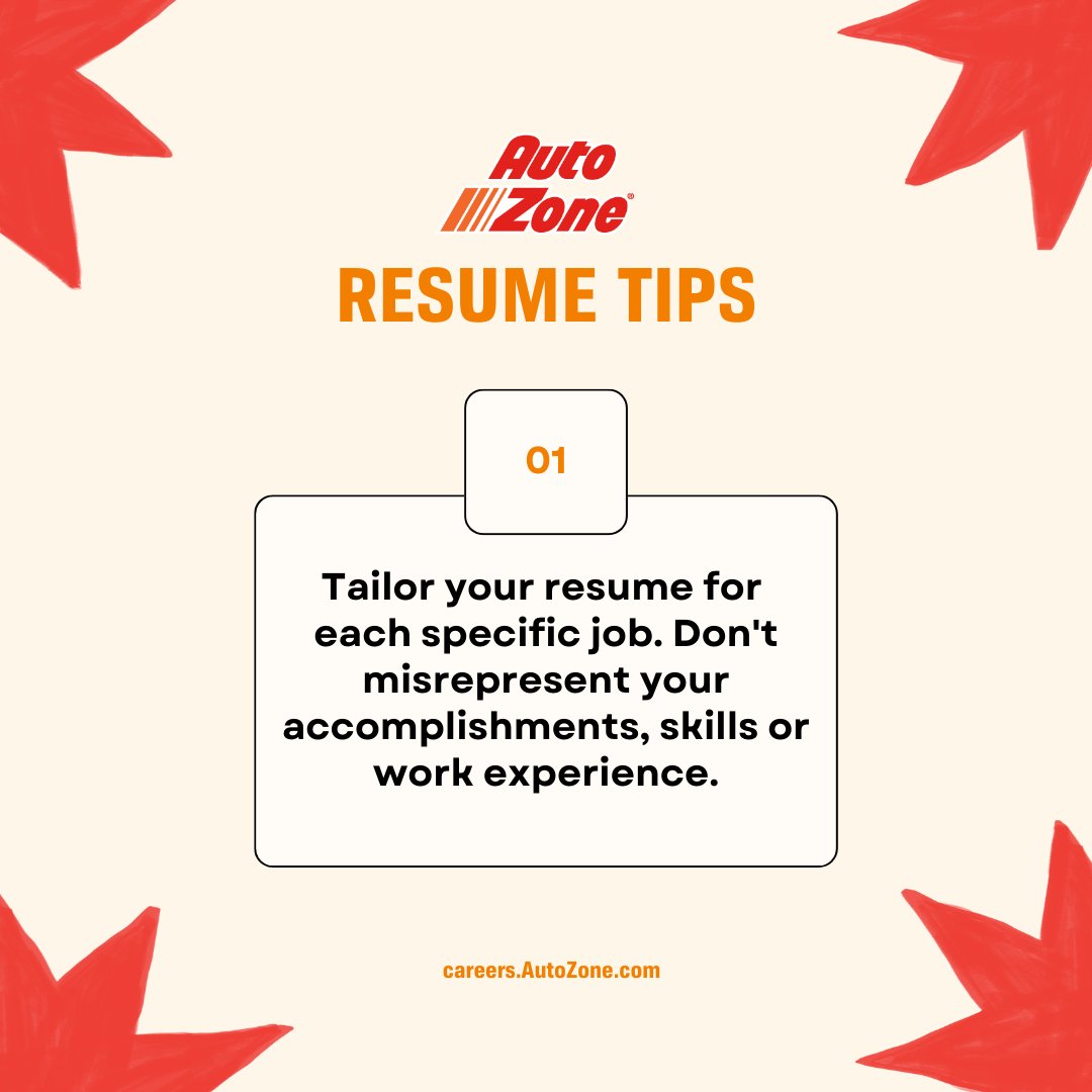 AutoZoneCareers's tweet photo. Looking to rev up your resume? Here are some top tips from AutoZone to help you stand out! When you’re done, head on over to https://t.co/GKeRF2Lc2d to apply! 🚗 

#AutoZoneCareers #ResumeTips #CareerAdvice #JobHunt https://t.co/uRUotnA1rm