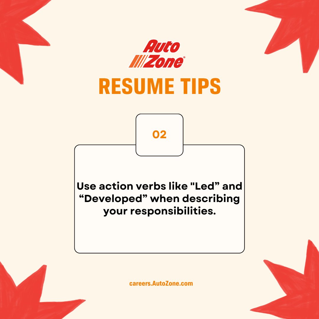 AutoZoneCareers's tweet photo. Looking to rev up your resume? Here are some top tips from AutoZone to help you stand out! When you’re done, head on over to https://t.co/GKeRF2Lc2d to apply! 🚗 

#AutoZoneCareers #ResumeTips #CareerAdvice #JobHunt https://t.co/uRUotnA1rm