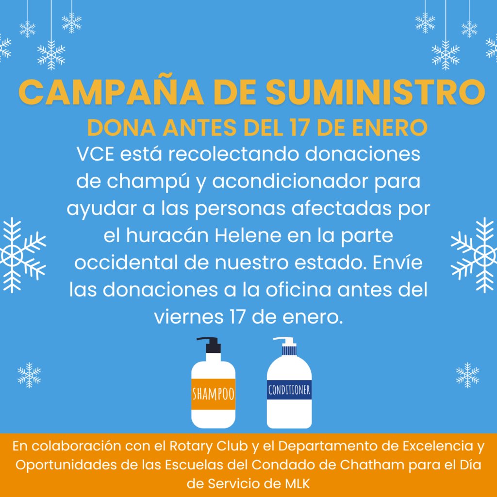 VirginiaCrossEl's tweet photo. This is the LAST WEEK to donate shampoo and conditioner to families affected by Hurricane Helene for the MLK Day of Service. Donations can be dropped off at VCE until Friday #VCEPride https://t.co/o4aIrhRqRM