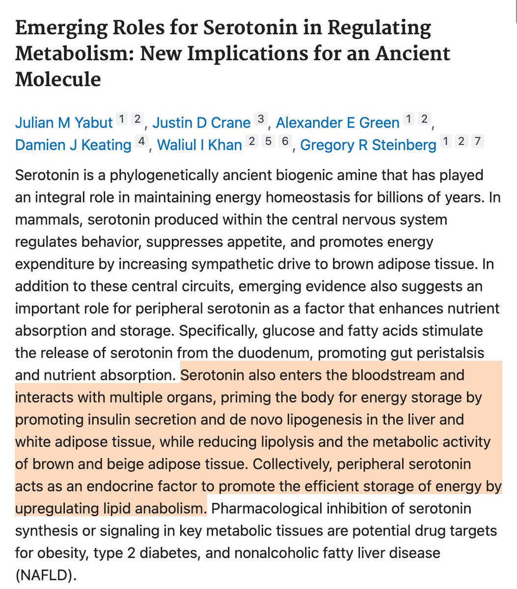 lowmegatron's tweet image. Serotonin triggers de novo lipogenesis - turning sugar into fat.

“𝘚𝘦𝘳𝘰𝘵𝘰𝘯𝘪𝘯 𝘦𝘯𝘵𝘦𝘳𝘴 𝘵𝘩𝘦 𝘣𝘭𝘰𝘰𝘥𝘴𝘵𝘳𝘦𝘢𝘮 𝘢𝘯𝘥 𝘪𝘯𝘵𝘦𝘳𝘢𝘤𝘵𝘴 𝘸𝘪𝘵𝘩 𝘮𝘶𝘭𝘵𝘪𝘱𝘭𝘦 𝘰𝘳𝘨𝘢𝘯𝘴, 𝘱𝘳𝘪𝘮𝘪𝘯𝘨 𝘵𝘩𝘦 𝘣𝘰𝘥𝘺 𝘧𝘰𝘳 𝘦𝘯𝘦𝘳𝘨𝘺 𝘴𝘵𝘰𝘳𝘢𝘨𝘦."