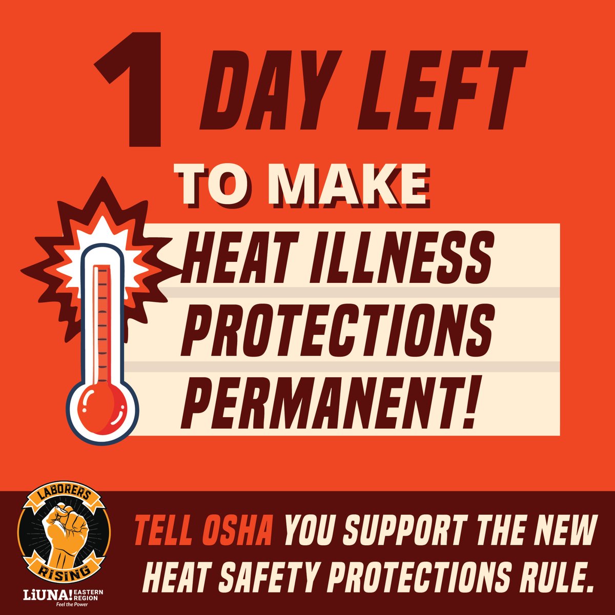MasonTenders's tweet image. ⏳ TIME'S RUNNING OUT!
Click here actionnetwork.org/letters/suppor… & tell @OSHA_DOL to make #heatprotection rules PERMANENT for #constructionworkers on hot days.
Heat safety's no joke. Make your voice heard now.