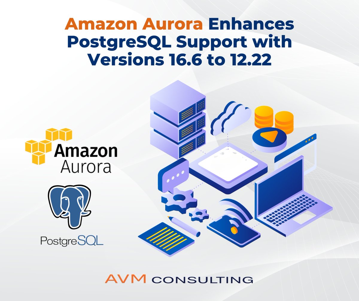 AvmConsulting's tweet photo. Amazon Aurora PostgreSQL-Compatible Edition now supports PostgreSQL versions 16.6, 15.10, 14.15, 13.18, and 12.22, reflecting improvements from the PostgreSQL community's November 21, 2024 release.
.
#avmconsulting #AmazonAurora #PostgreSQL #CloudDatabase #AWS #DatabaseUpdates https://t.co/N52uPswAtD