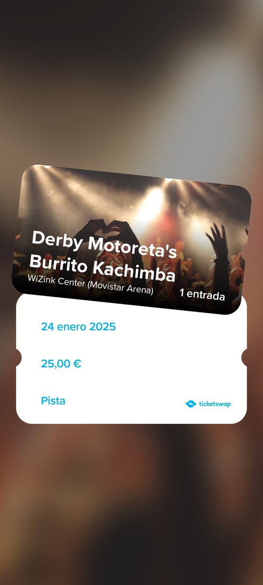 📣🎟️ URGENTE 🎟️📣

Vendo 1 entrada en Pista para ver en Madrid el 24 de enero a los Derby Motoreta's Burrito Kachimba

Actualmente en web están a 31 euros

💞🥺 Agradezco mucho un RT

ticketswap.es/listing/derby-…