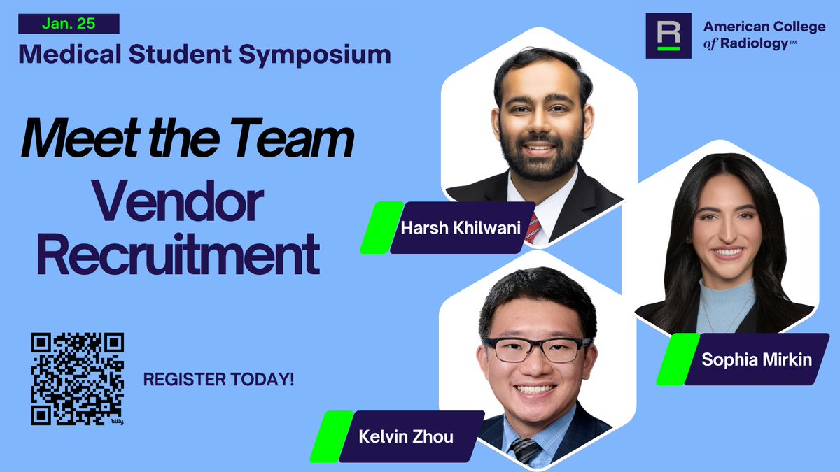 Next up, we're introducing the 2025 #ACRMedSymposium Vendor Recruitment Team. These ⭐️ #futureradres are the 🧠s behind our med device page. Check it out to learn about evolving technologies in radiology: pages.acr.org/ms-symposium-v…

🩻 <a href="/harshkhilu/">Harsh Khilwani</a>, <a href="/SophiaMirkin/">Sophia Mirkin</a>, <a href="/KelvinZhou53277/">Kelvin Zhou</a>