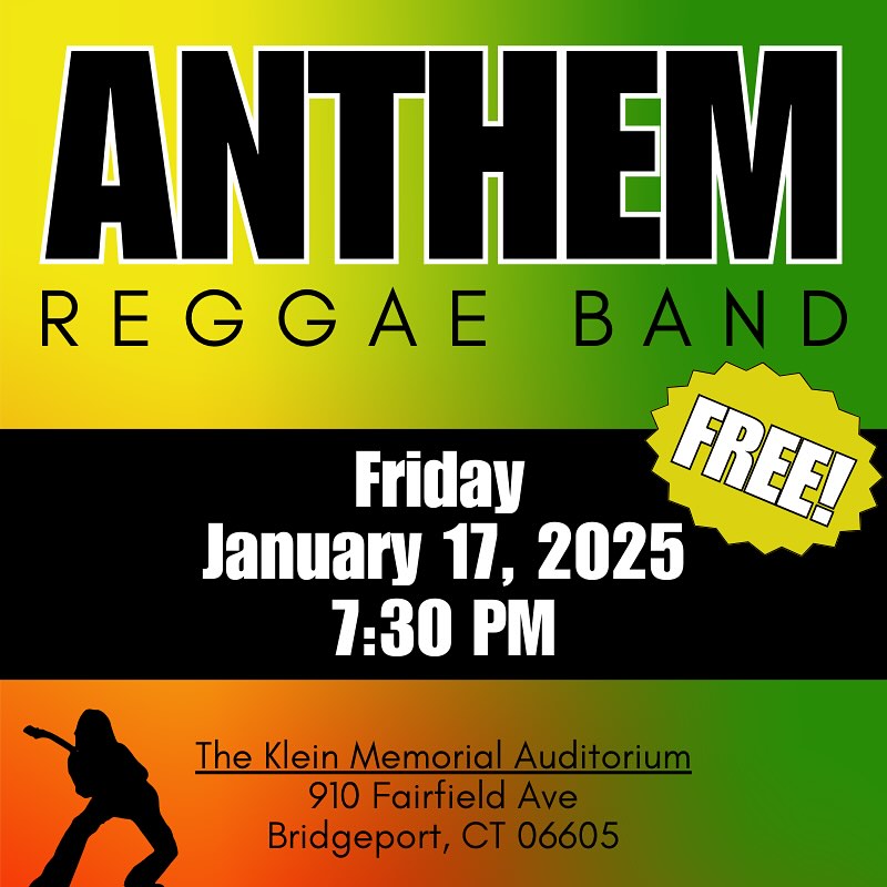 CityofBptCT's tweet photo. Don’t miss Anthem Reggae Band live at the Klein Memorial Auditorium - 910 Fairfield Ave.! 🌟 Enjoy roots, dancehall, and a unique sound that’s making waves. This FREE concert is happening this Friday, January 17th at 7:30pm. Hope to see you there! https://t.co/u6R12Wb5YU