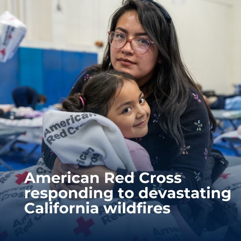 ifrc's tweet photo. Staff and volunteers from American Red Cross @RedCross continue to provide care and support to people affected by the devastating wildfires in Southern California.

They are making sure no one faces this heartbreaking crisis alone.

If you’re in an affected area, stay alert. 👇