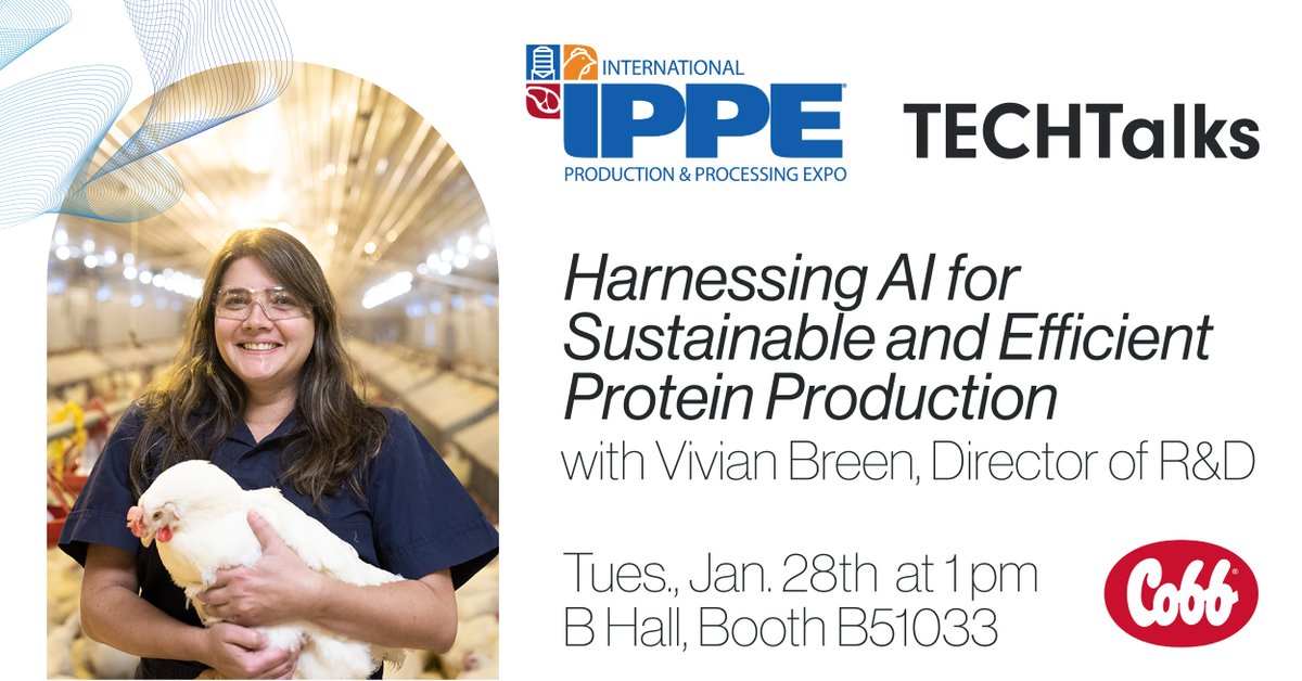 cobbvantress's tweet photo. Are you headed to @IPPEexpo in a few weeks? Cobb's director of R&amp;D Vivian Breen will be hosting a TECHTalk on Tuesday, January 28th at 1 PM! Add it to your calendar and make sure to stop by booth B51033! 🐓

#IPPE2025 #CobbGenetics #Innovation https://t.co/MwPsxOg31t