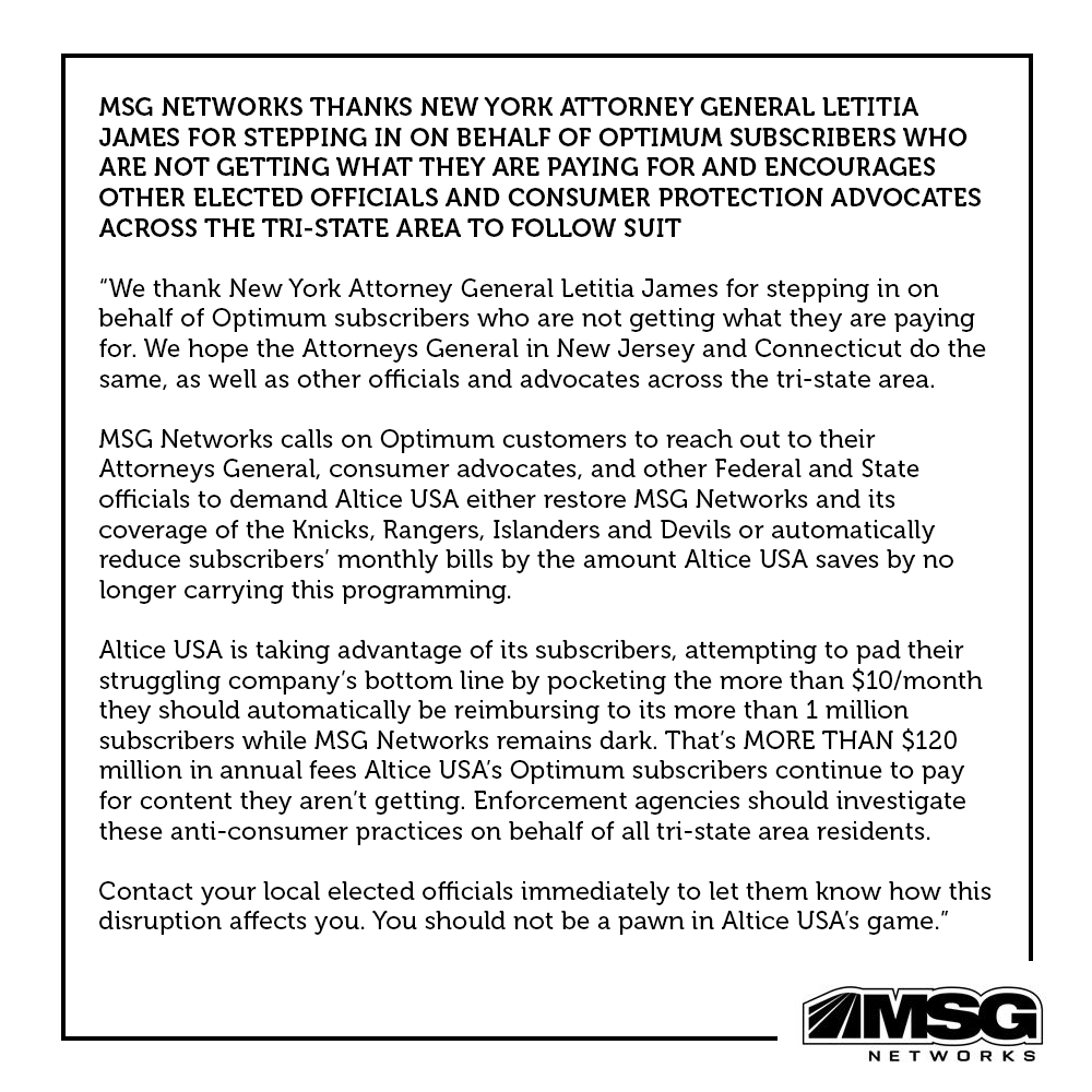 MSGNetworks's tweet photo. An updated statement from MSG Networks https://t.co/4fv05JgdEw