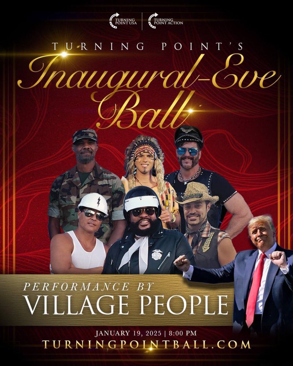 Village People, the band beyond Trump's favorite song YMCA, to perform at the TPUSA inaugural ball.

Follow: <a href="/ThermopylaeNews/">Thermopylae</a>
