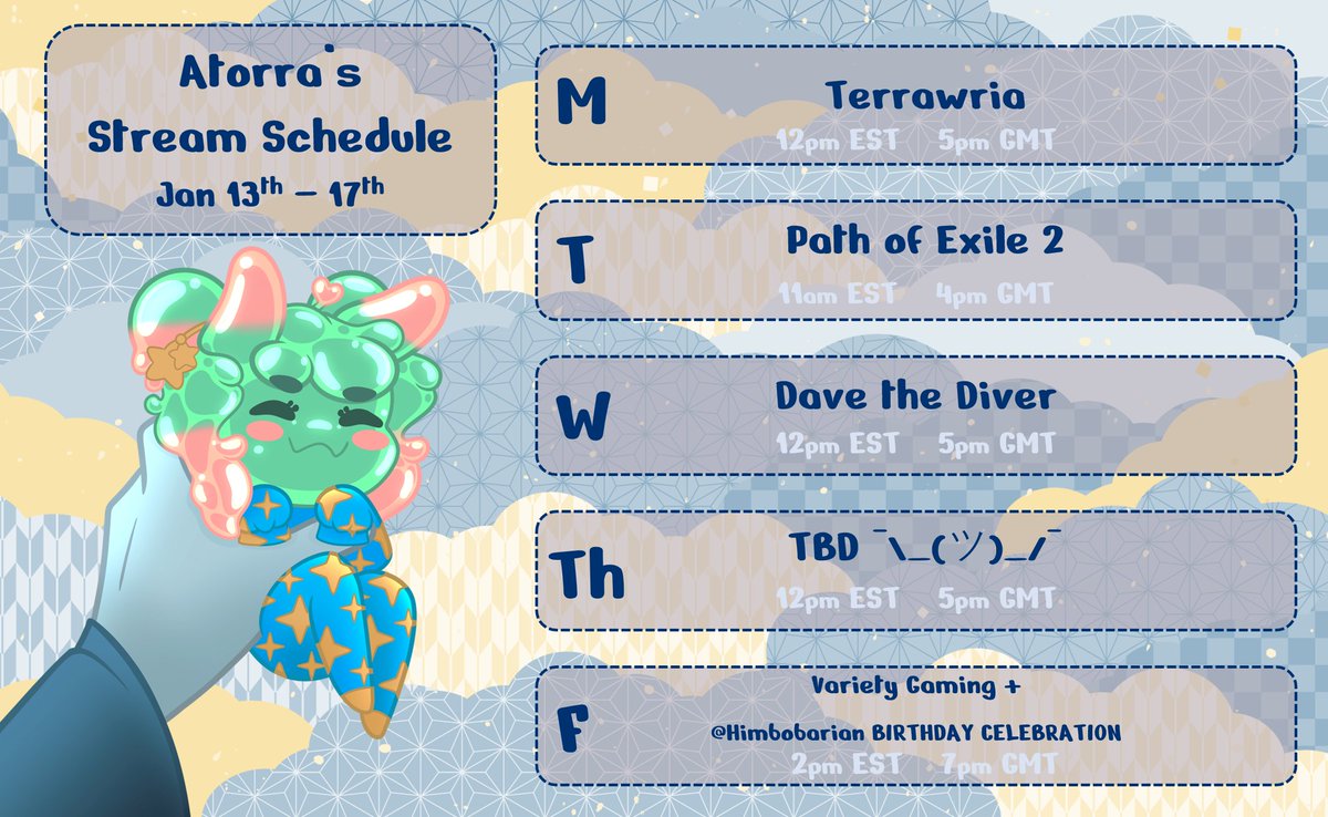 HEWWO EARTHLINGS! 💚🛸✨

Keeping things loose this week, especially since we're also celebrating A BIRTHDAY. <a href="/Himbobarian/">himbo! 💙 🐻 🪓</a> survived another year, give him well wishes on Thursday, and we'll be celebrating on Friday! 

#VTuberEN #twitchstreaming #Artorra #Jelluminati