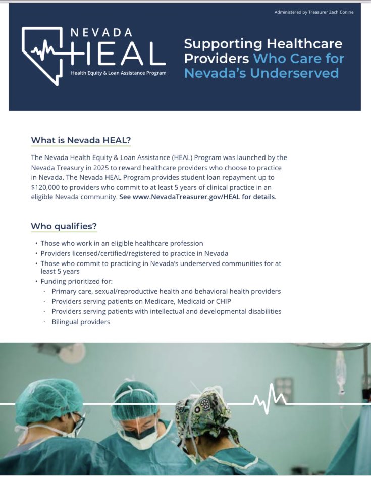 NVTreasurer's tweet photo. Today, we announced the launch of the Nevada HEAL Program, which will reward health care providers with up to $120,000 in student loan repayment for practicing in an underserved community. Learn more and apply here: https://t.co/OqNVkMZBO9 https://t.co/1QRdMgwSGB