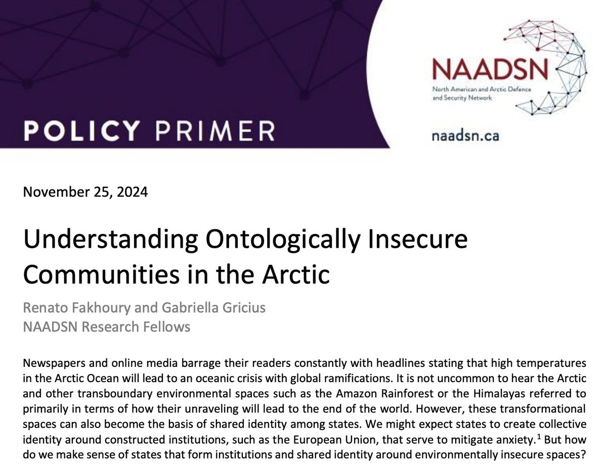 What explains how and why states create communities? <a href="/ModernFledgling/">Gabriella Gricius</a> and <a href="/RenatoFakhoury/">Renato Fakhoury</a> explore the concept of eco-anxiety as driving Arctic community formation in a Policy Primer. 

naadsn.ca/wp-content/upl…