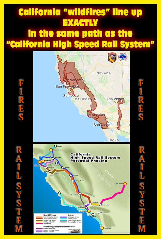 This definitely is some foil hat thoughts, but two things I can't help but think:

1. The person's of interest on the fire are illegal immigrants; creating a need for work to avoid being deported?

2. The path of recent fires sure follow the proposed high speed rail system path.
