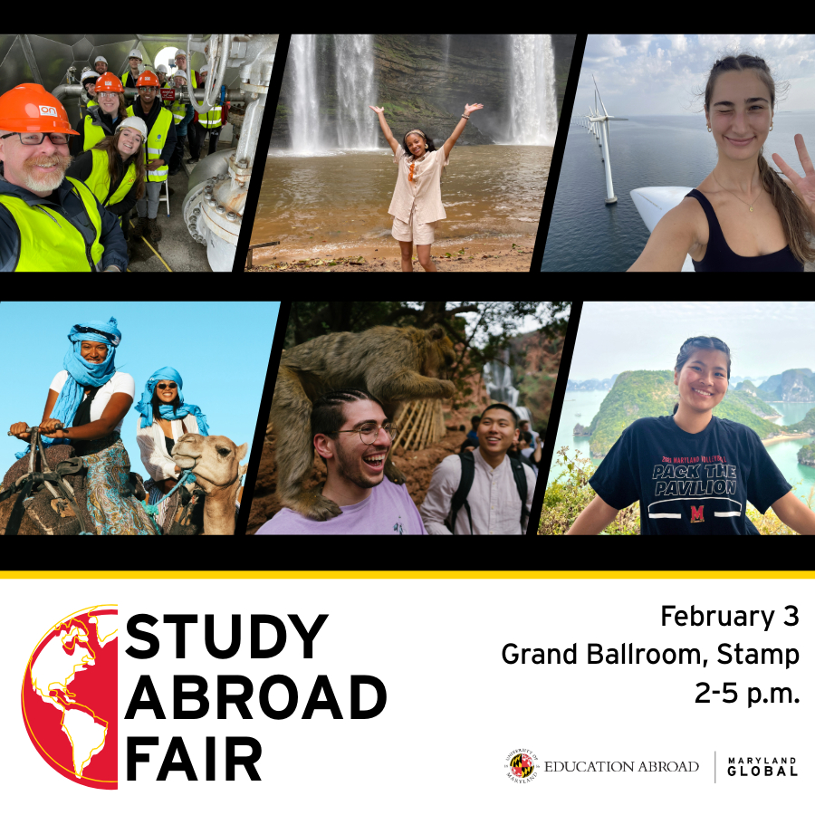 ithelpumd's tweet photo. At the Study Abroad Fair, explore over 300 programs in nearly 60 countries, discover resources to fund your study abroad, and speak with EA advisors and #TerpsAbroad alumni!  #FearlesslyGlobal https://t.co/O1gFEZogSw https://t.co/fQktb0YuYN
